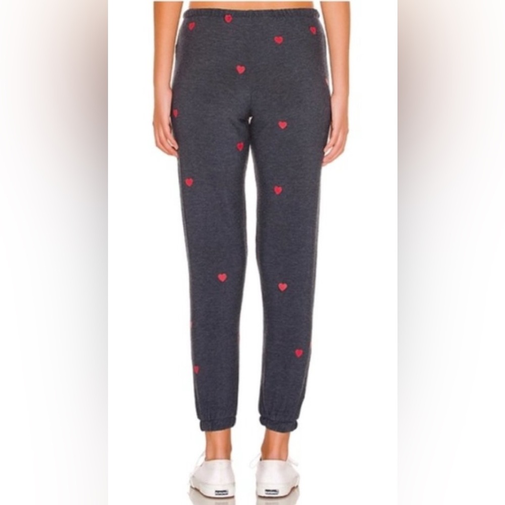 Chaser Tiny Hearts Sweatpants Avalon Navy Blue Red Hearts Anthropologie Medium M - Picture 2 of 8